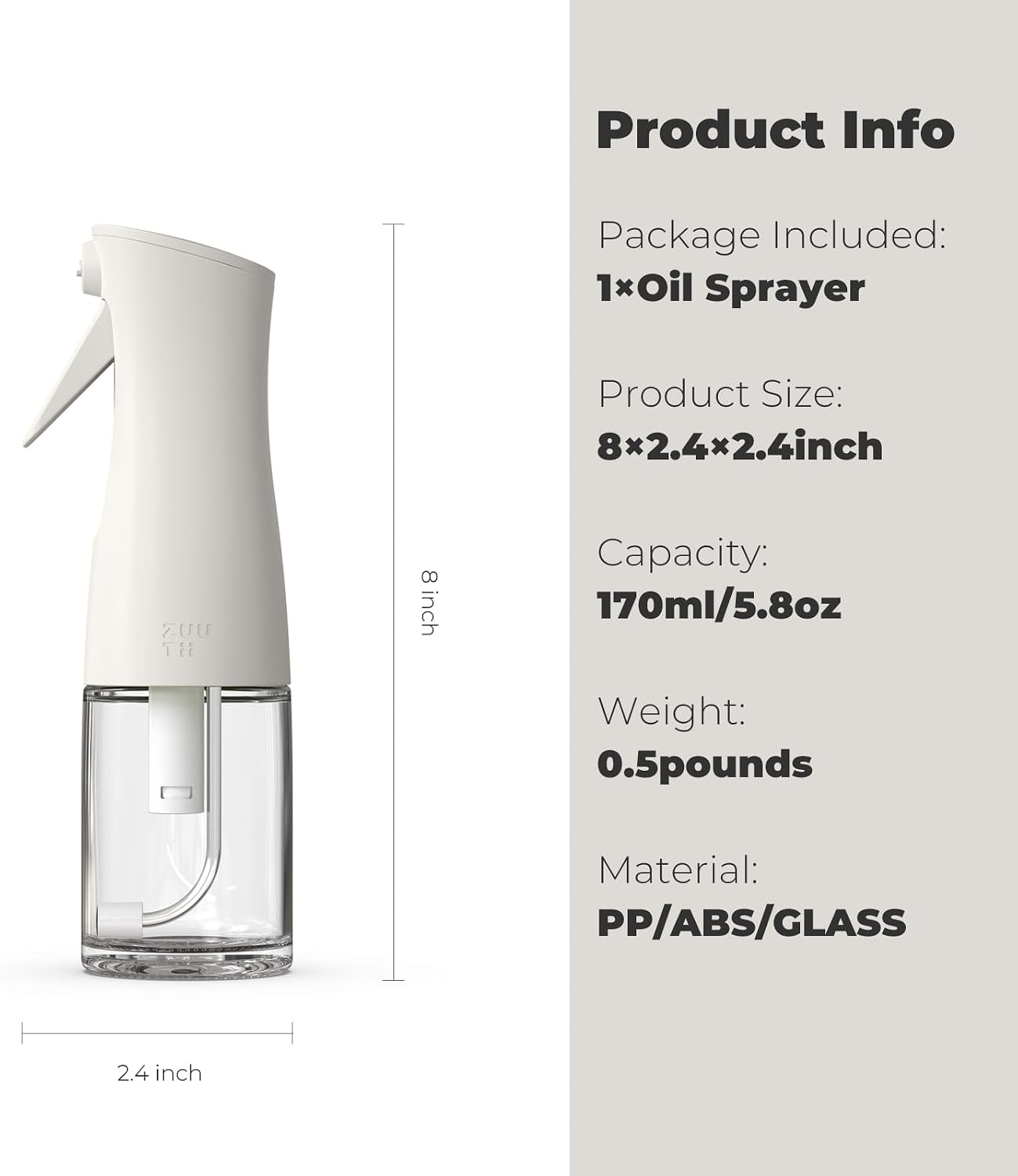 Zuutii Oil Sprayer for Cooking, 170ml Olive Oil Sprayer Mister, Olive Oil Spray Bottle for Salad, BBQ, Continuous Spray with Portion Control, Kitchen Baking, Roasting,Hairstyling,Light Cream