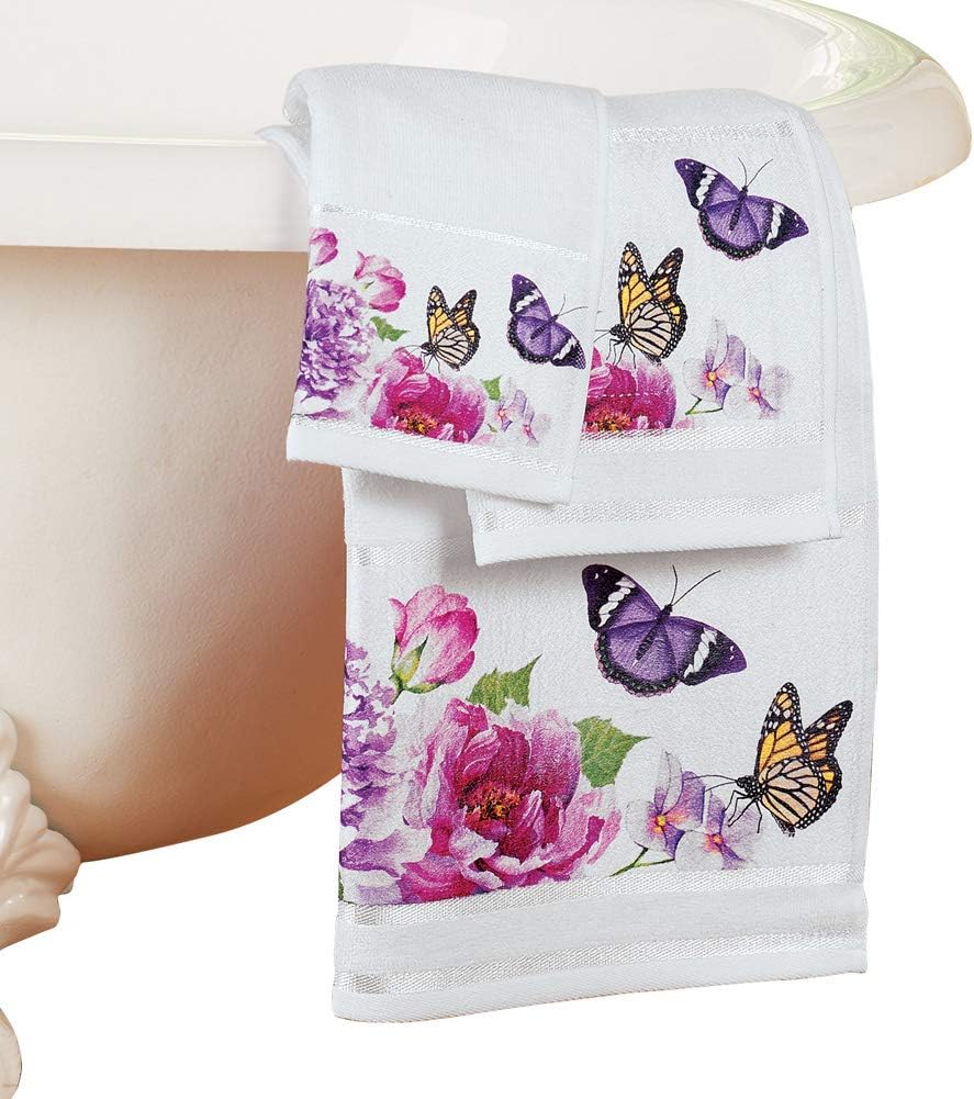 Collections Etc Butterfly Watercolor Floral White 3pc. Spring Summer Bathroom Towel Set
