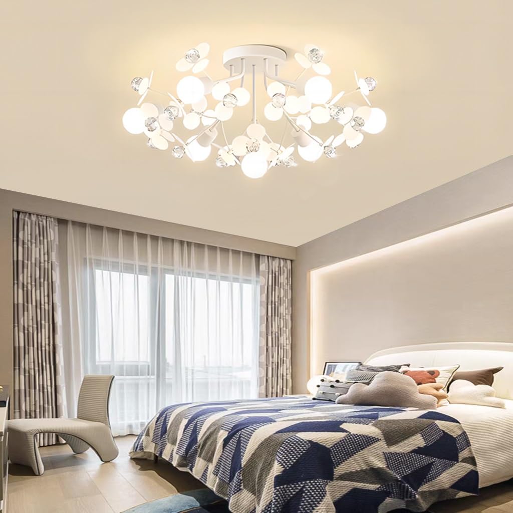 Stesulfr E27 Iron Ceiling Light Dining Table Crystal Decorative Ceiling Lamp Retro Classic Acrylic White Petal Chandelier Suitable for Bar Cafe Restaurant Bedroom Kitchen Island Children's Room(7 ligh