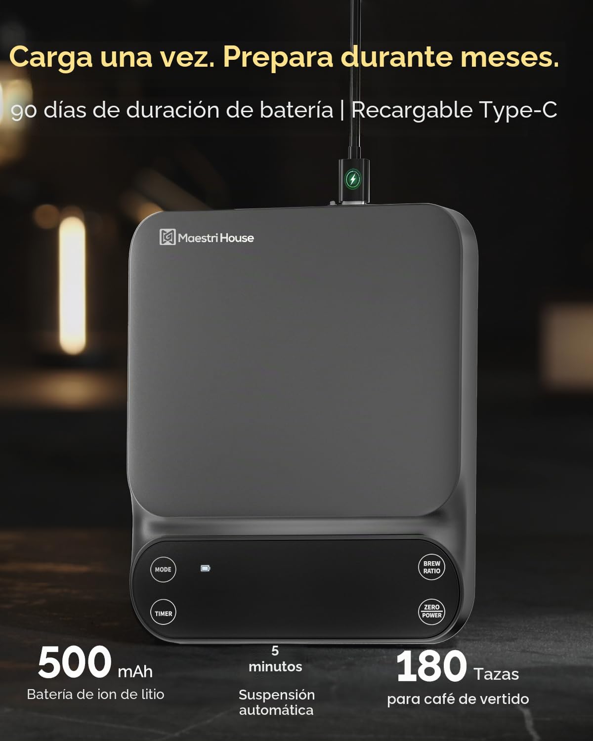 Maestri House S3 Báscula de café con temporizador, 3 kg/0,1 g, recargable, báscula digital de espresso, 3 modos de preparación, proporciones de preparación e indicador de flujo ajustables, para Pour