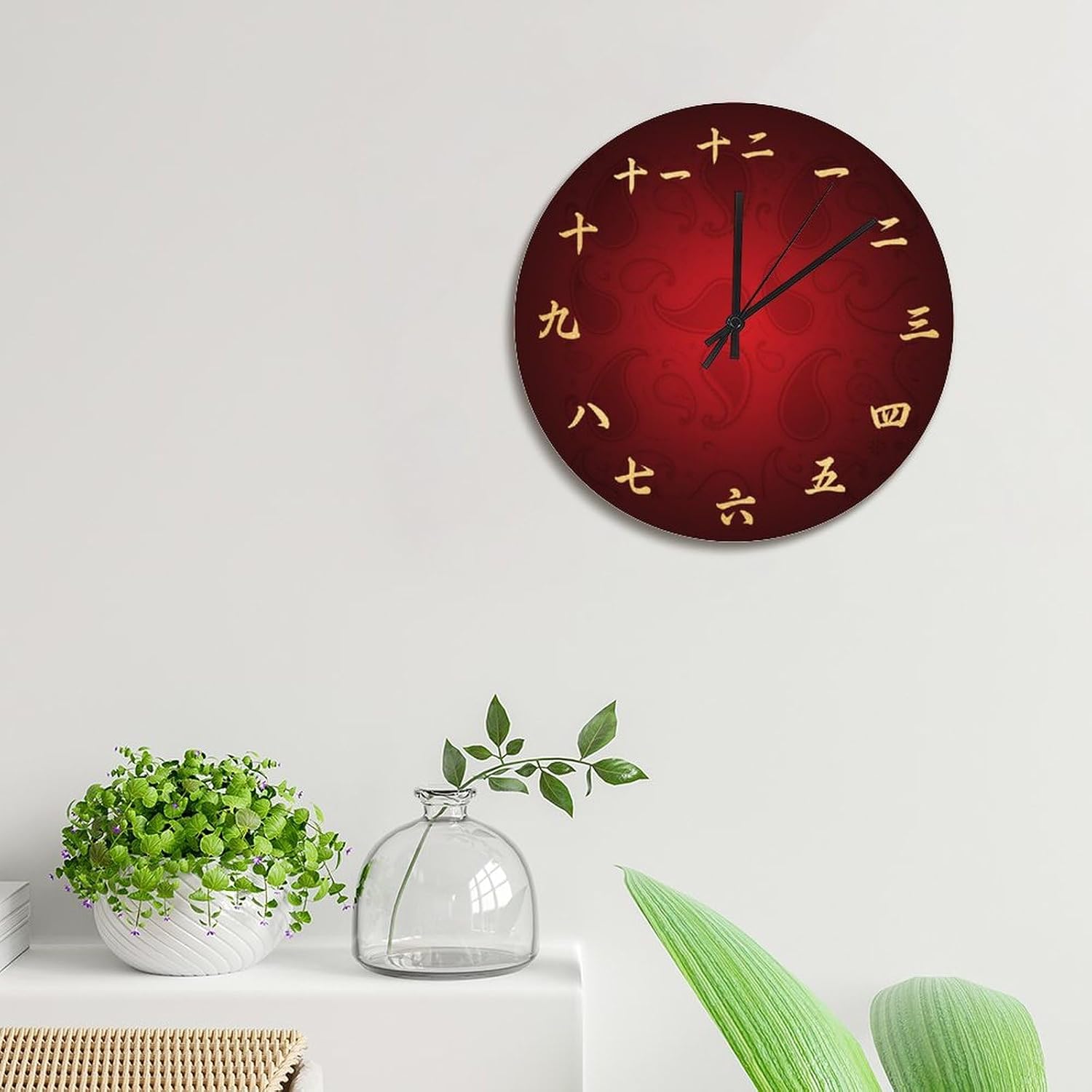 Japanese Kanji 15 Inch Wall Clocks Battery Operated Red & Gold Chinese Calligraphy Clock Silent Easy to Read Vintage Home Decor for Kitchen Living Room Bedroom Classroom
