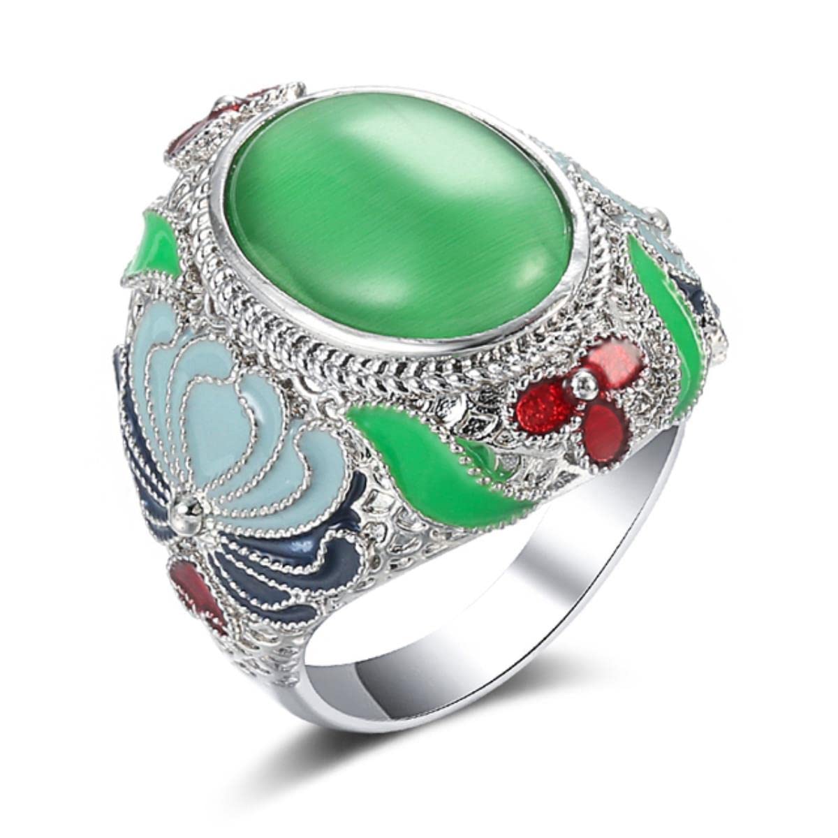 Yahoya Women's White Colorful Enamel Ring For Fashion Tibetan Silver Natural Green Opal Ring Vintage Jewelry