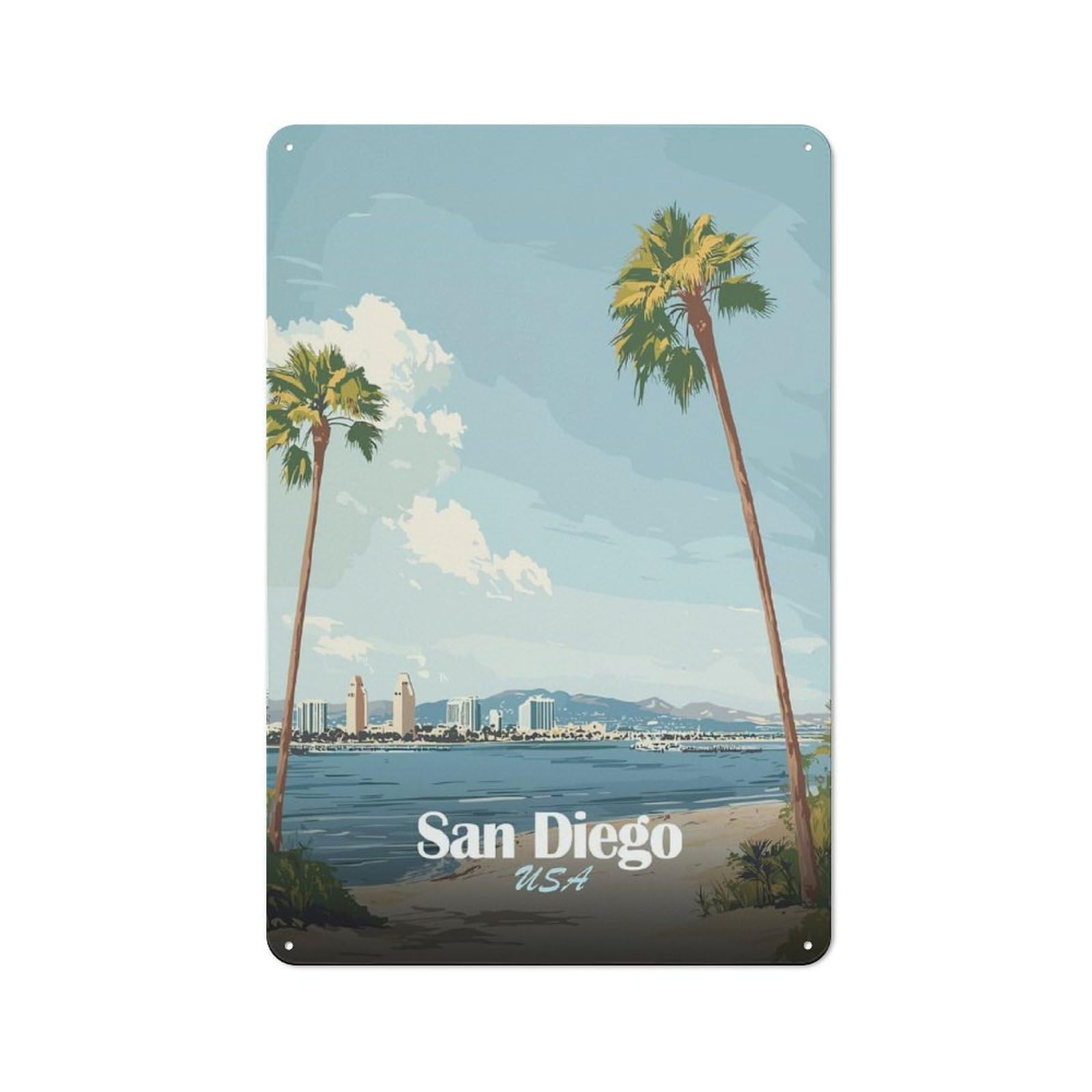 Junmoney Style-15 Country Metal Sign With San Diego Palm Tree Skyline Design 30X20cm, Barn Style Rustic Kitchen Decor For Farmhouse Kitchen, Pantry Or Dining Area