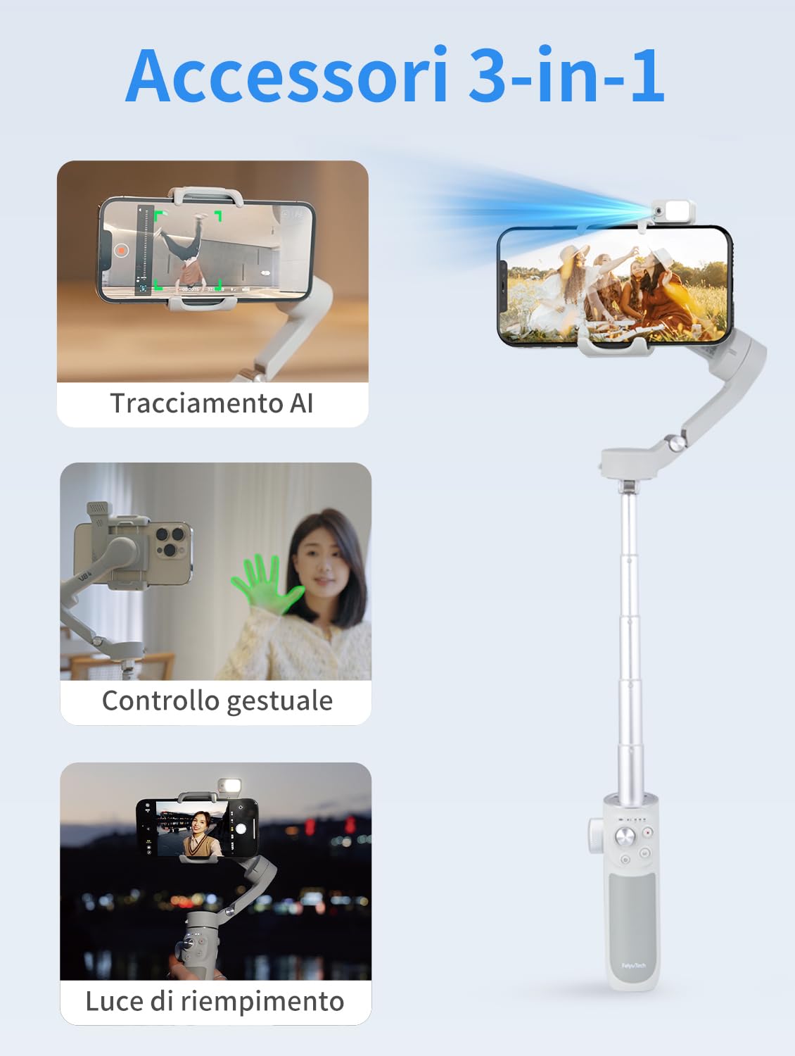 FeiyuTech VB4 Kit Stabilizzatore Smartphone con Luce,2-in-1 Accessorio con Tracker AI e Luce,Asta di Prolunga da 216mm,Carico utile 260g,Stabilizzatore di tracciamento AI a 3 Assi per iPhone/Android