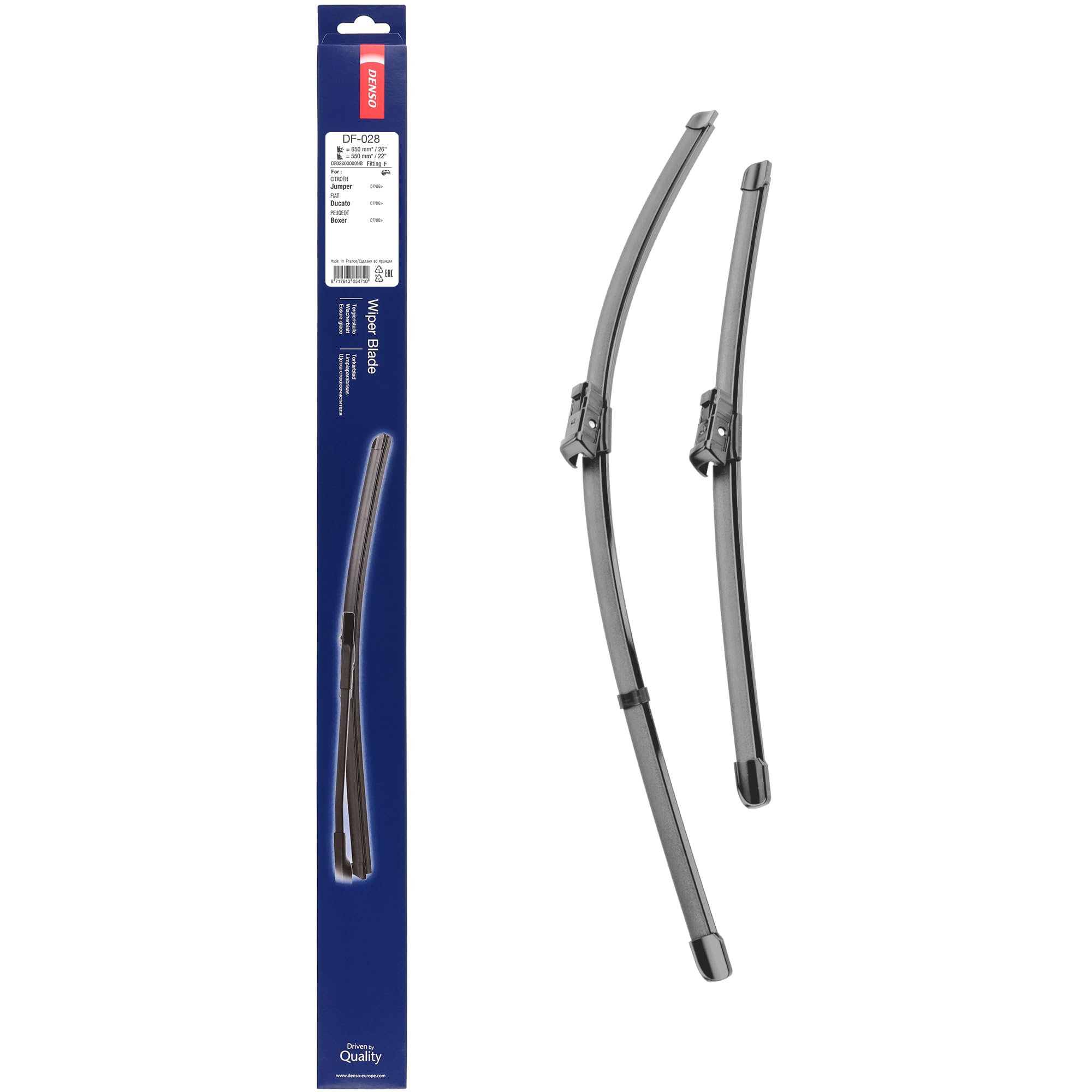 DENSO Flachwischer-Set DF-028 (650/550 mm, Linkslenker): Zwei leise, langlebige Wischer mit aerodynamischem Design. OEM-Qualität, breite Kompatibilität, 2 Jahre Garantie.