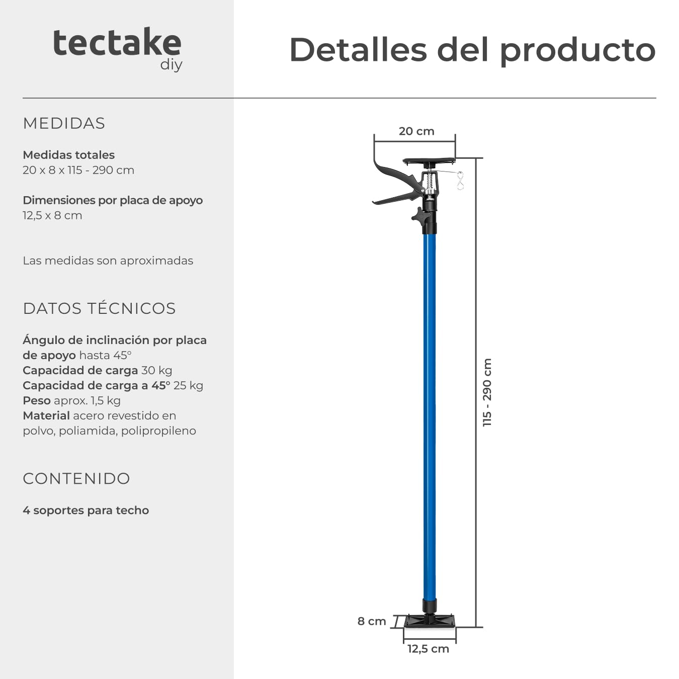 tectake® Juego de Tensores para Puerta, Puntales de Obra Ajustables, Puntal Telescopico Extensible, Puntales Extensibles, Varilla Telescopica, Poste Telescopico Extensible - Juego de 4 Azul