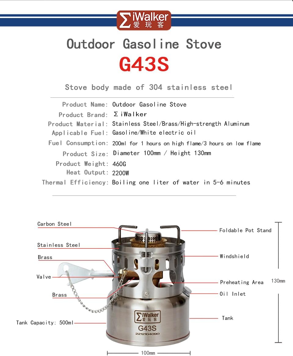 G43S Portable Camping Backpacking Stove | Outdoor Gasoline Stove Silent Burner for Hiking Travel Picnic Emergency