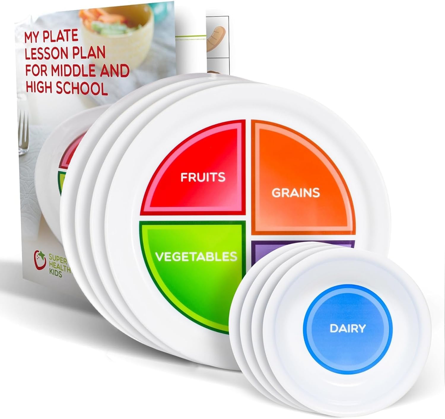 Health Beet Flat MyPlate Portion Control Plates with Dairy Bowls & Lesson Plan - 4 Compartments for Balanced Meal - Dishwasher & Microwave Safe Sectional Plate & Bowl - (Set of 4 each)