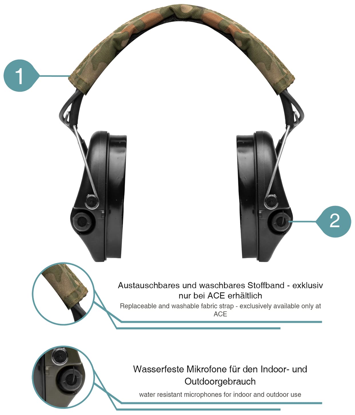 ACE Sordin Pro-X Aktiver Kapsel-Gehörschutz - EN 352 - mit German-Camo-Stoffband, Gelkissen & schwarzen Kapseln
