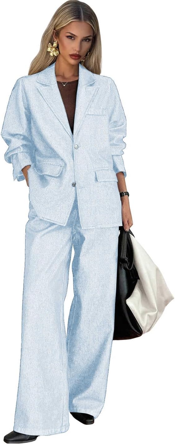 Denim Suits for Women 2 Piece Blazer Set Notched Lapel 2 Button Jacket and Wide Leg Pants Casual Office Outfit