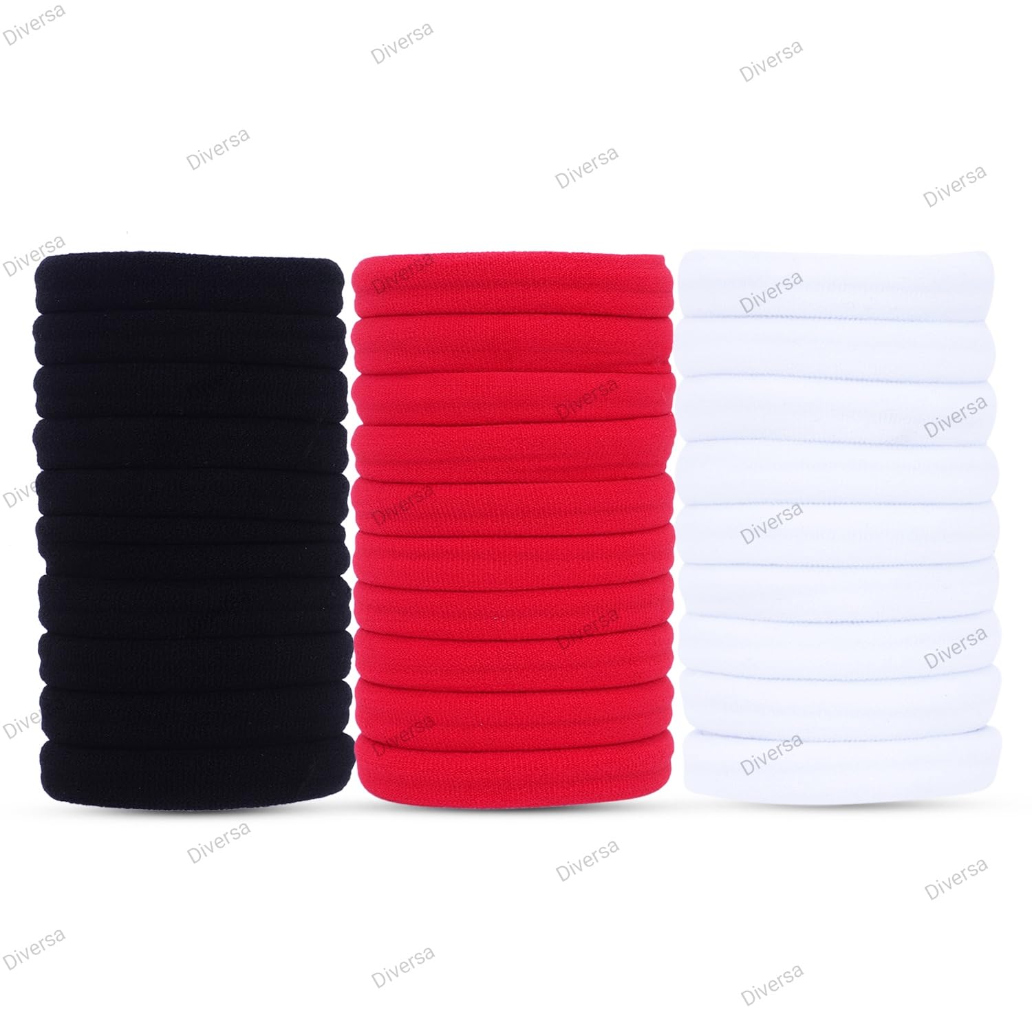 Diversa Seamless Thick Cotton Hair Rubber Bands, Durable Elastic Ties, Ponytail Holders, Hair Accessories for Women & Girls - Red/White/Black (Pack of 30 Pcs)