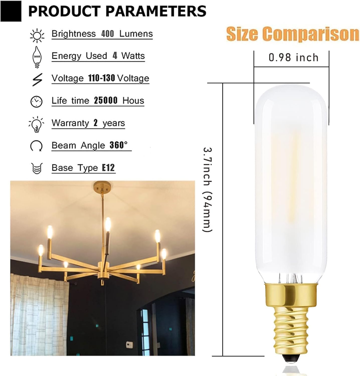 Dimmable E12 LED Frosted Bulbs 4W E12 Edison Light Bulbs Warm White 2700K Candelabra Incandescent Bulbs 40W Equivalent T6 Vintage LED Filament Edison Candle Bulb with Decorative,400lm, 6Pack.