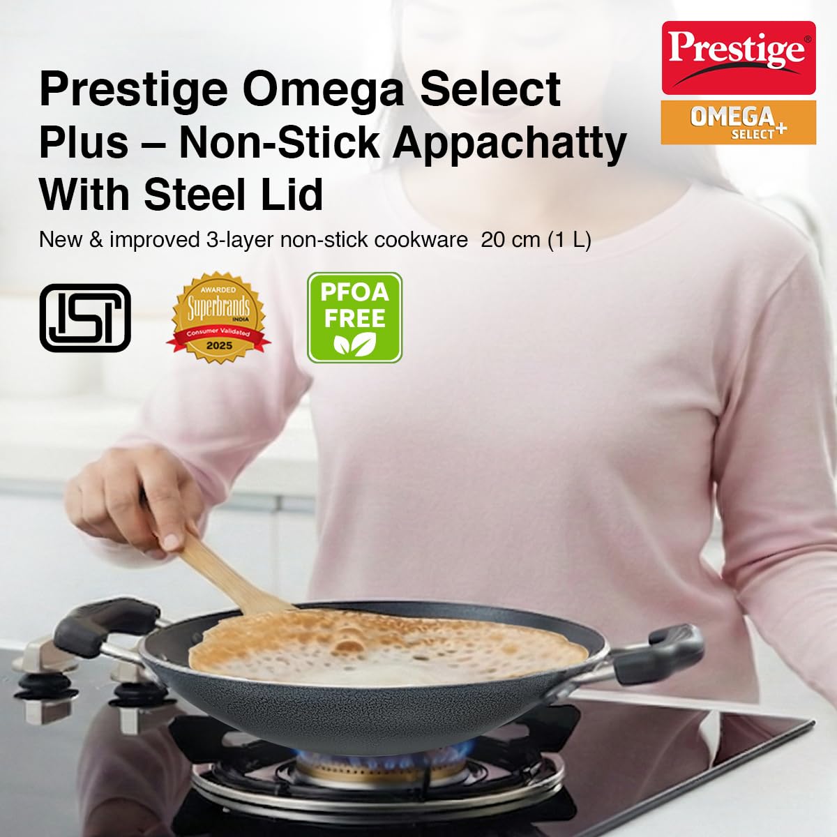 Prestige Omega Select Plus Non-Stick Deep Appachetty with Lid | Black | 20 cm | Residue Free | Scratch Resistant | Comfortable Grip | Spoon Friendly
