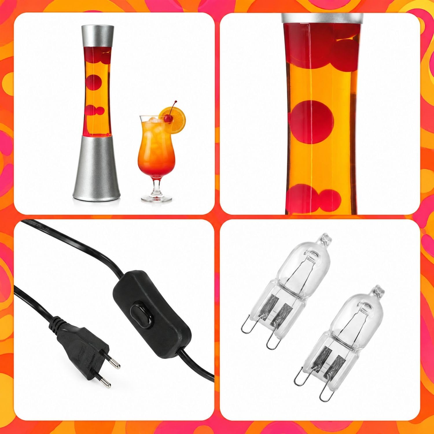 Licht-Erlebnisse Lavalampe Orange Rot, Retro Lampe, kräftig, aktiv, stimmungsvoll, 39,5 cm, G9 25 W mit Kabelschalter, inklusive Leuchtmittel, Dekolampe, Lava Lampe