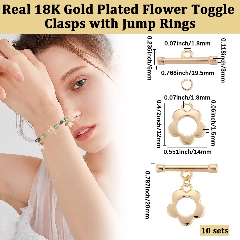 Beebeecraft 10 Sets Flower Toggle Clasp 18K Gold Plated Floral T-Bar Bracelet Closure OT Toggle Clasp Connector for Necklace Jewelry Making DIY Crafts Summer