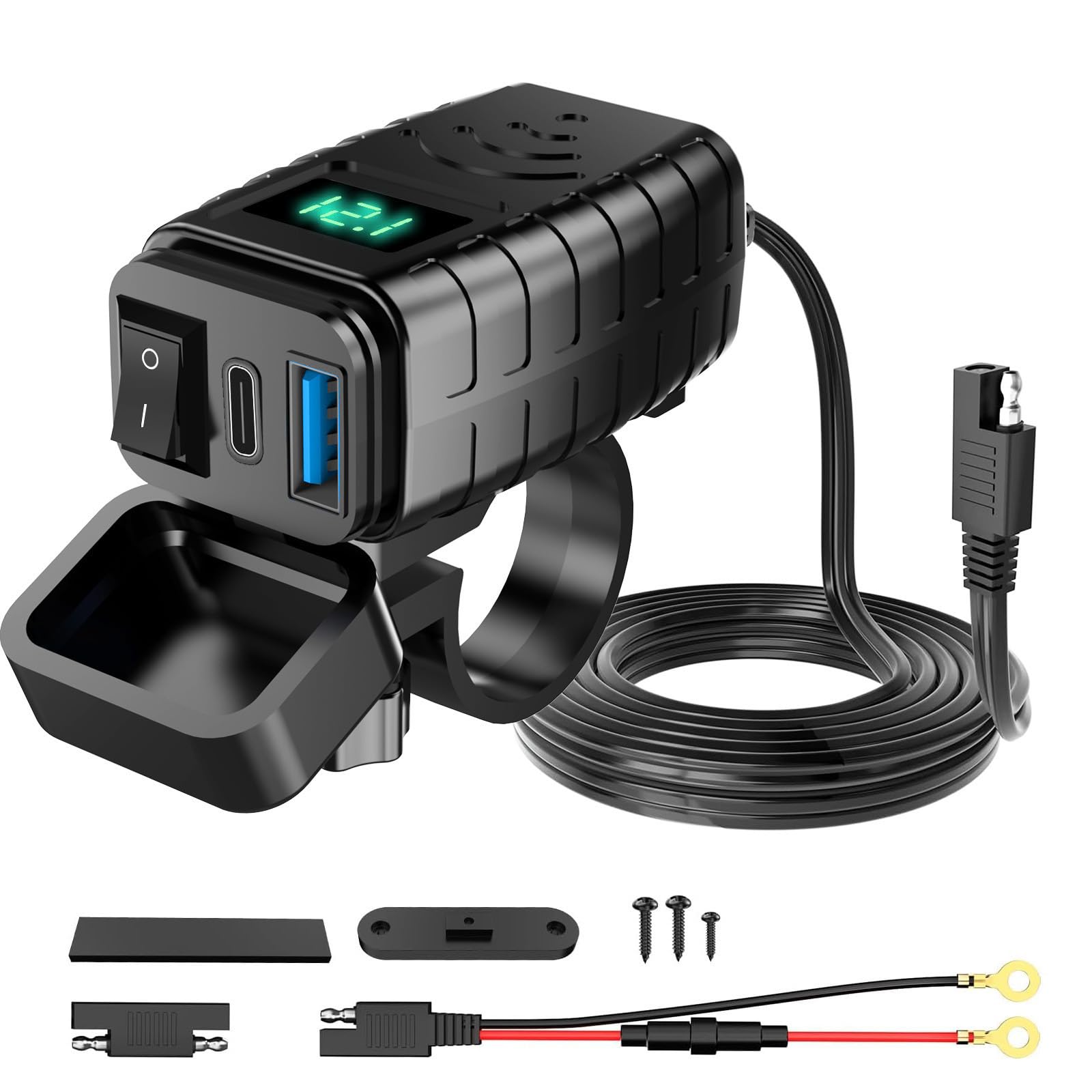 Chargeur USB Moto pour TRANSALP XL750 TRANSALP XL 750, 12-24V, QC3.0 18W et PD3.0 30W, avec Voltmètre LED, Interrupteur, ÉTanche Prise Chargeur,Green