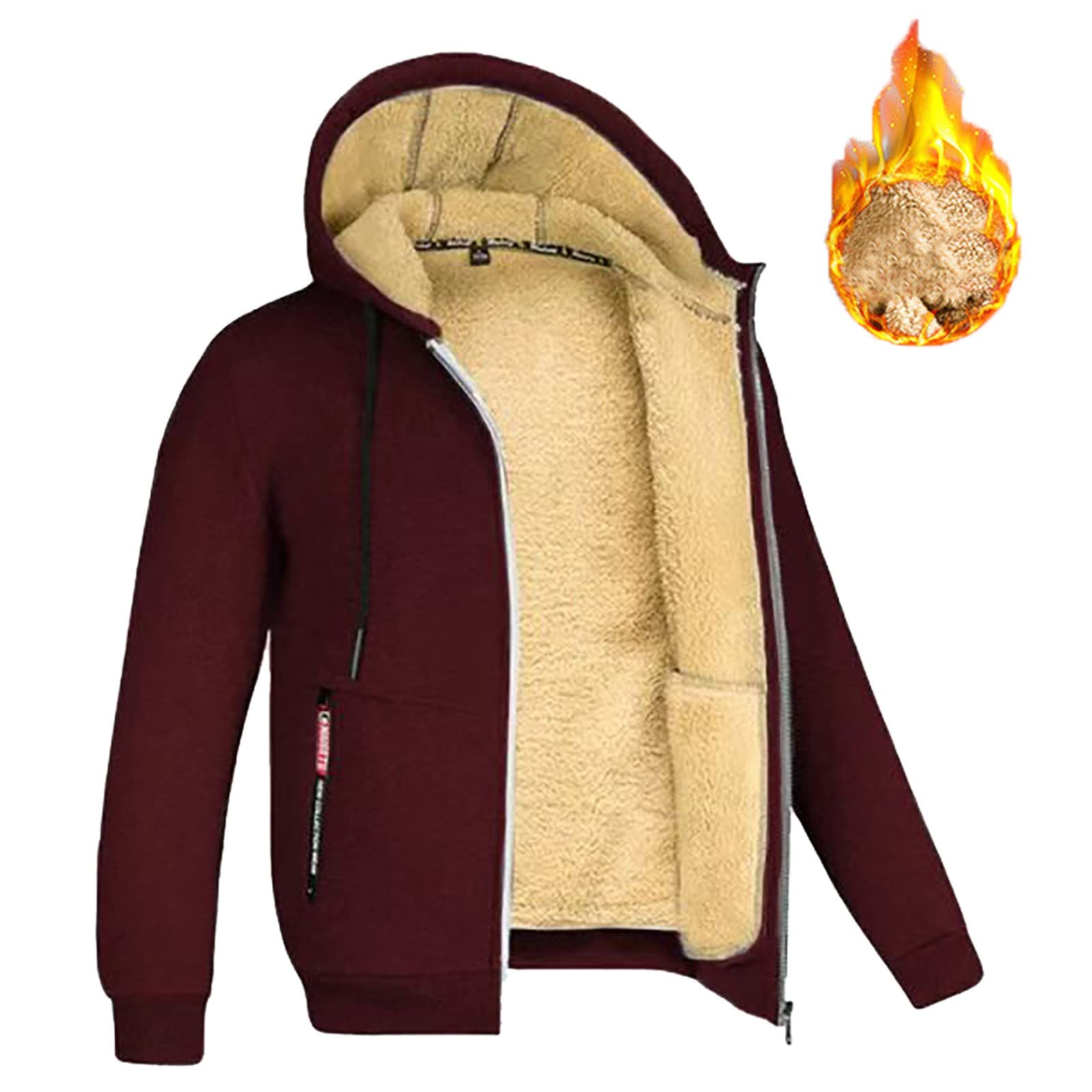 Generisch Giacca invernale da uomo con cappuccio, felpa da uomo, in pile, con zip spessa, tinta unita, per autunno e inverno, con cappuccio
