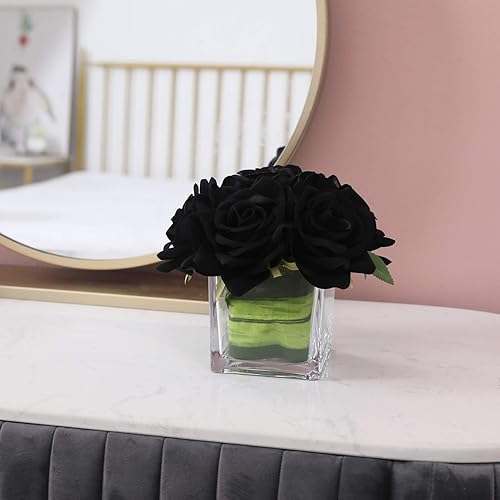 Miniatura 5 de Fule Arreglo de centro de mesa de flores de rosa de terciopelo artificial en jarrón para decoración de boda del hogar (negro)
