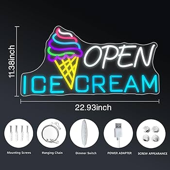 Ice Cream Sign 22.4x11'' Ice Cream Open Shop Neon Signs USB