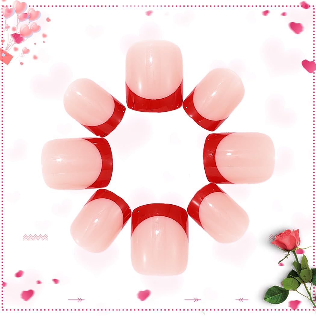 Handcess Valentine's False Nail Short Pink Heart Press on Nails French Fake Nail Love Stick on Nail for Women and Girls 24Pcs - Image 2
