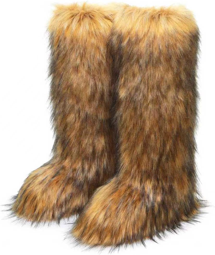 Faux Fur Boots for Women Winter Knee High Furry Snow Boots Fuzzy Fluffy for Girls Flat Long Boots