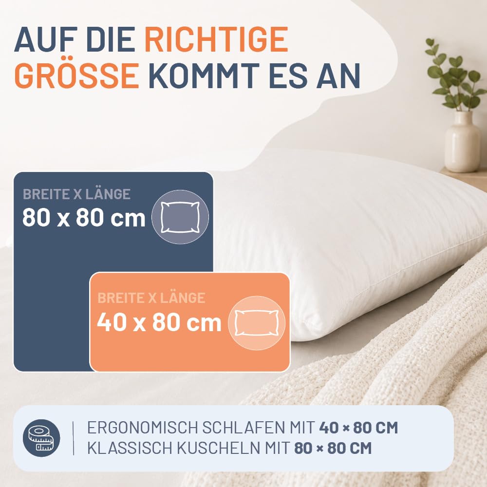 Daunenkissen 80x80 cm, Premium 3-Kammer Daunen Kopfkissen, Made in Germany | 90% Daunen (Außen), Daunen Kissen für Allergiker NOMITE, Dreikammerkissen aus 100% Baumwolle, OEKO-TEX STANDARD 100