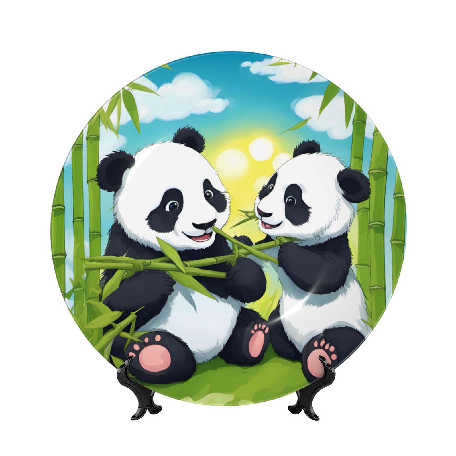 SXZVVBN Two happy pandas Bone China Decorative Plate Art with Stand Removable Adhesive Hanging for Home Office 7in