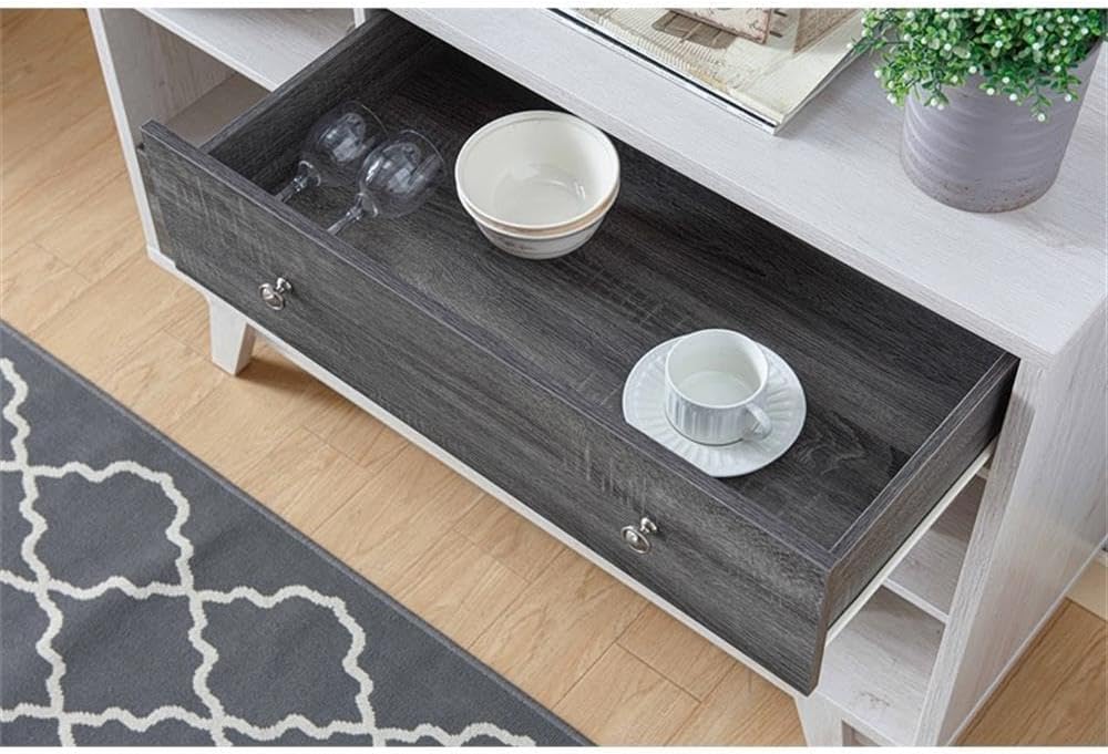 BOWERY HILL Mid-Century Multi-Storage Buffet, 47.25" W x 15.5" D x 33.75" H, MDF and Particle Board, White Oak and Distressed Gray Finish, Wine Rack, 4 Shelves, 2 Drawers, Home Dining or Living Room