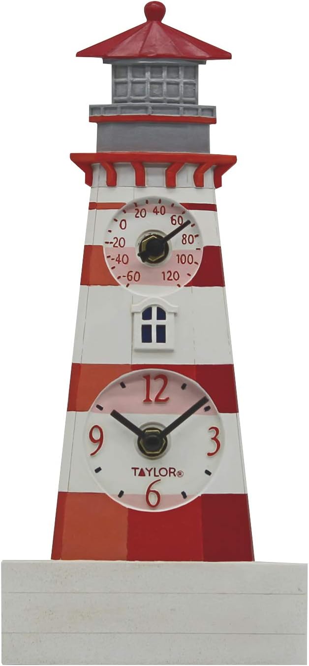 Taylor 12" Poly Resin Lighthouse Clock with Thermometer, Multicolored
