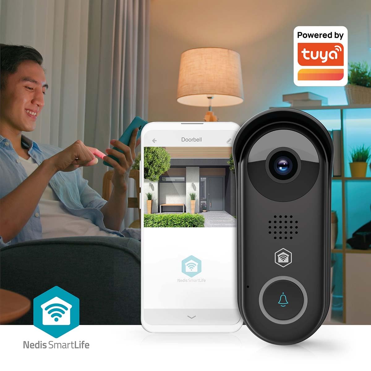 Nedis WIFICDP11BK | Timbre Inteligente con cámara Wi-Fi | 1080p Full HD | Visión Nocturna | Detección de Movimiento | Audio bidireccional | Almacenamiento microSD y Nube | Negro