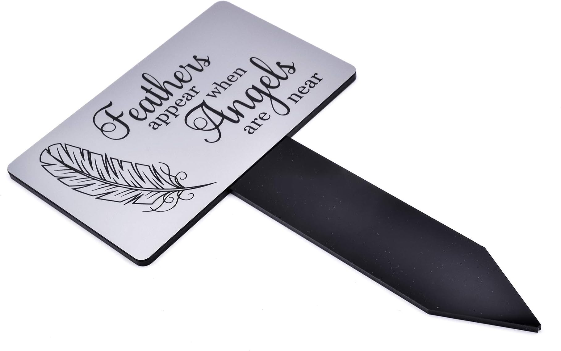 Origin Feathers Appear When Angels are Near - Silver and Black Engarved Memorial Garden Stake or Grave Decoration