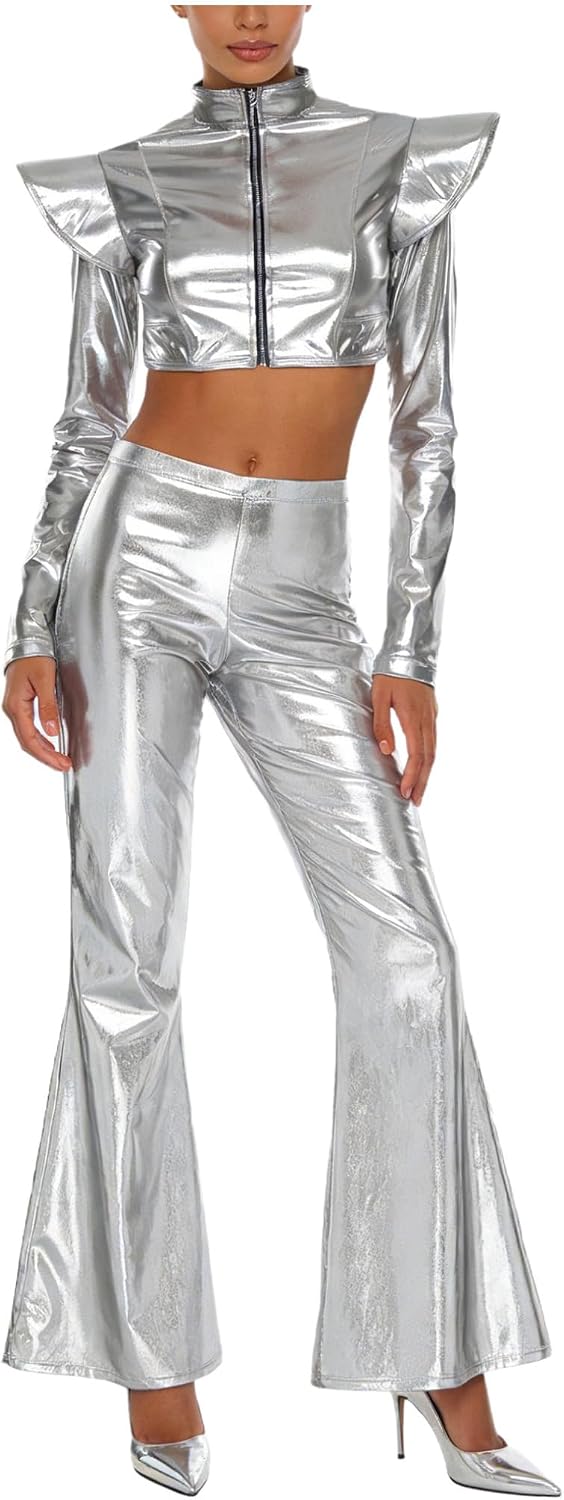 Freebily Adult Women Metallic Jacket Zip Up Sweatshirt Short Coats Shiny Crop Top Hip Hop Dance Shirt