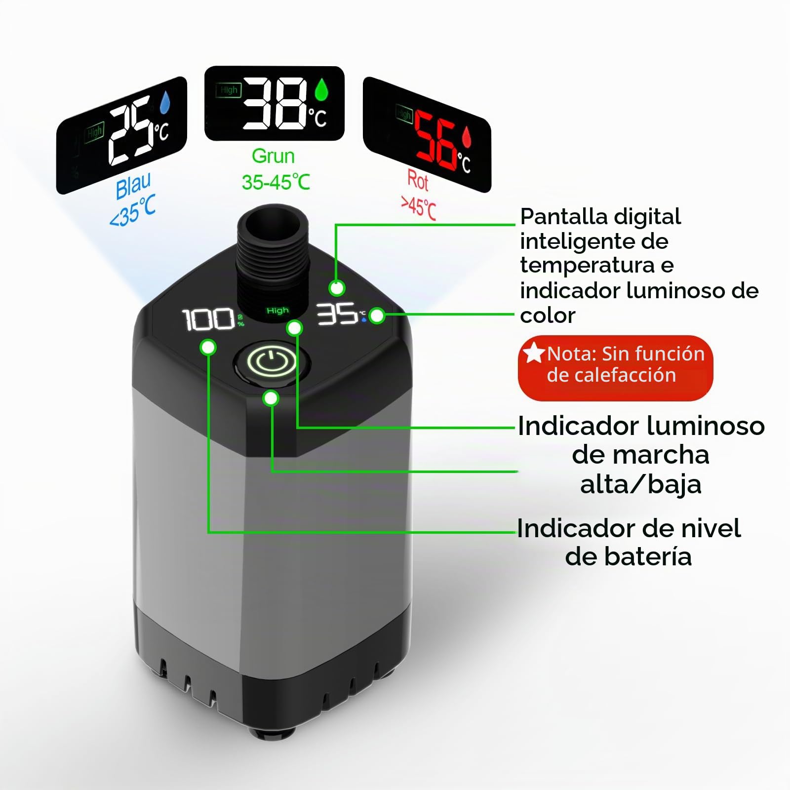 Ducha de Camping portátil, Bomba de Ducha de Camping con batería Recargable 6000mAh y indicador de Temperatura, Cabezal de Ducha Multifuncional y Tubo 2M, cubeta Plegable de 20L