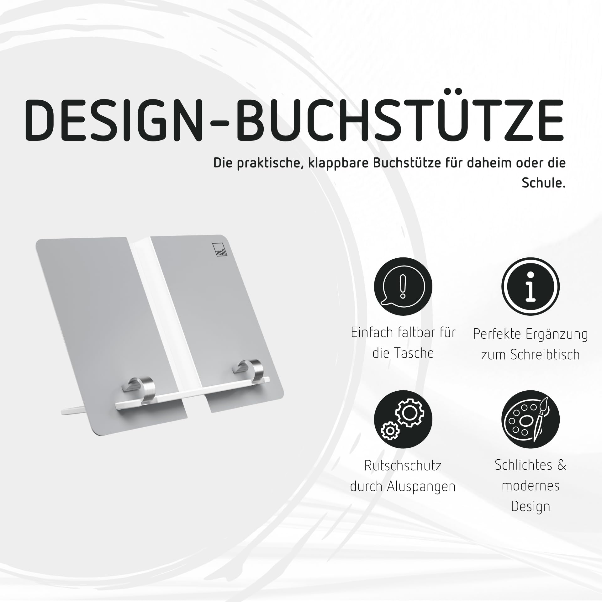 moll Design-Buchstütze für Kinderschreibtisch | faltbar & stabil mit integrierten Klammern | ergonomische Leseposition | ideal für Schulkinder | langlebig & hochwertig | Made in Germany