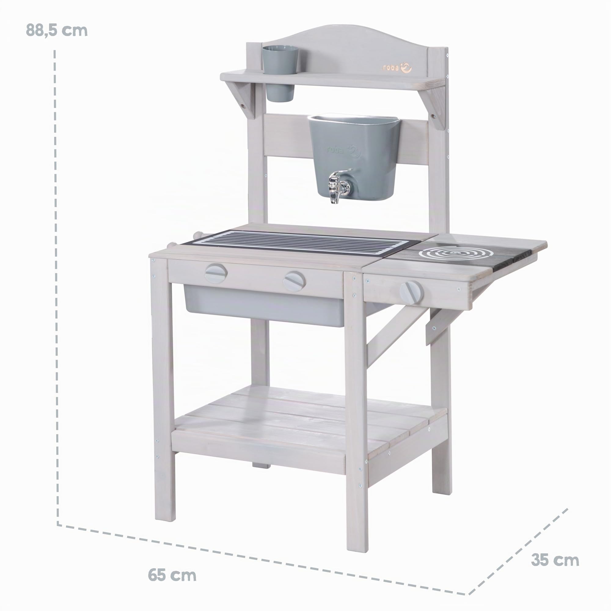 roba Cuisine Extérieure Compacte pour Enfants en Bois Massif - avec Gril, Évier en Plastique, Réservoir à Eau et Accessoires - Idéale de 18 Mois à 8 Ans - Gris Clair