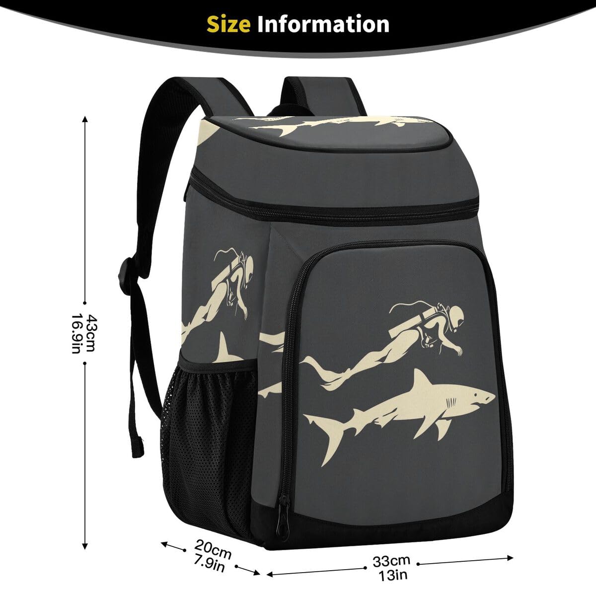 Diver Shark Gray Cooler Backpack Leakproof Insulated Lunch Cooler Bag 30 Cans Camping Backpacks for Picnic Beach Road Trip