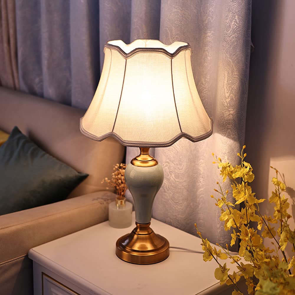 SGKOMN 22" European Style Ceramic Table Lamp Antique Bedroom Bedside Lamp Cracked Glaze Pattern Ceramic Table Lamp Metal Base Fabric Lampshade Living Room Table Lamp-B