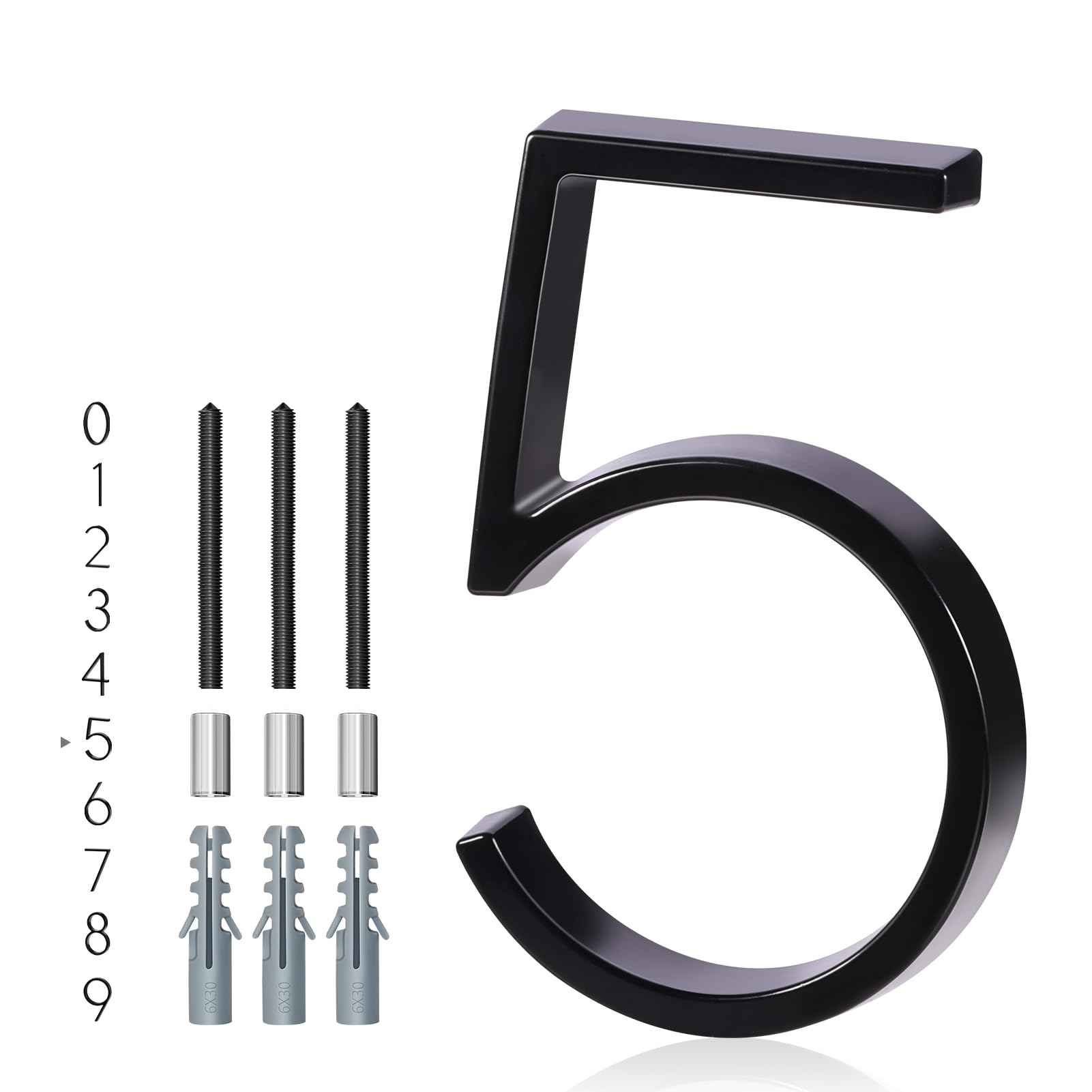 YIPLED 5 Inch House Numbers for Outside, Metal Address Number 5 - Modern Design, Weather-Resistant Black Powder Coated Finish, No Fading (Black)
