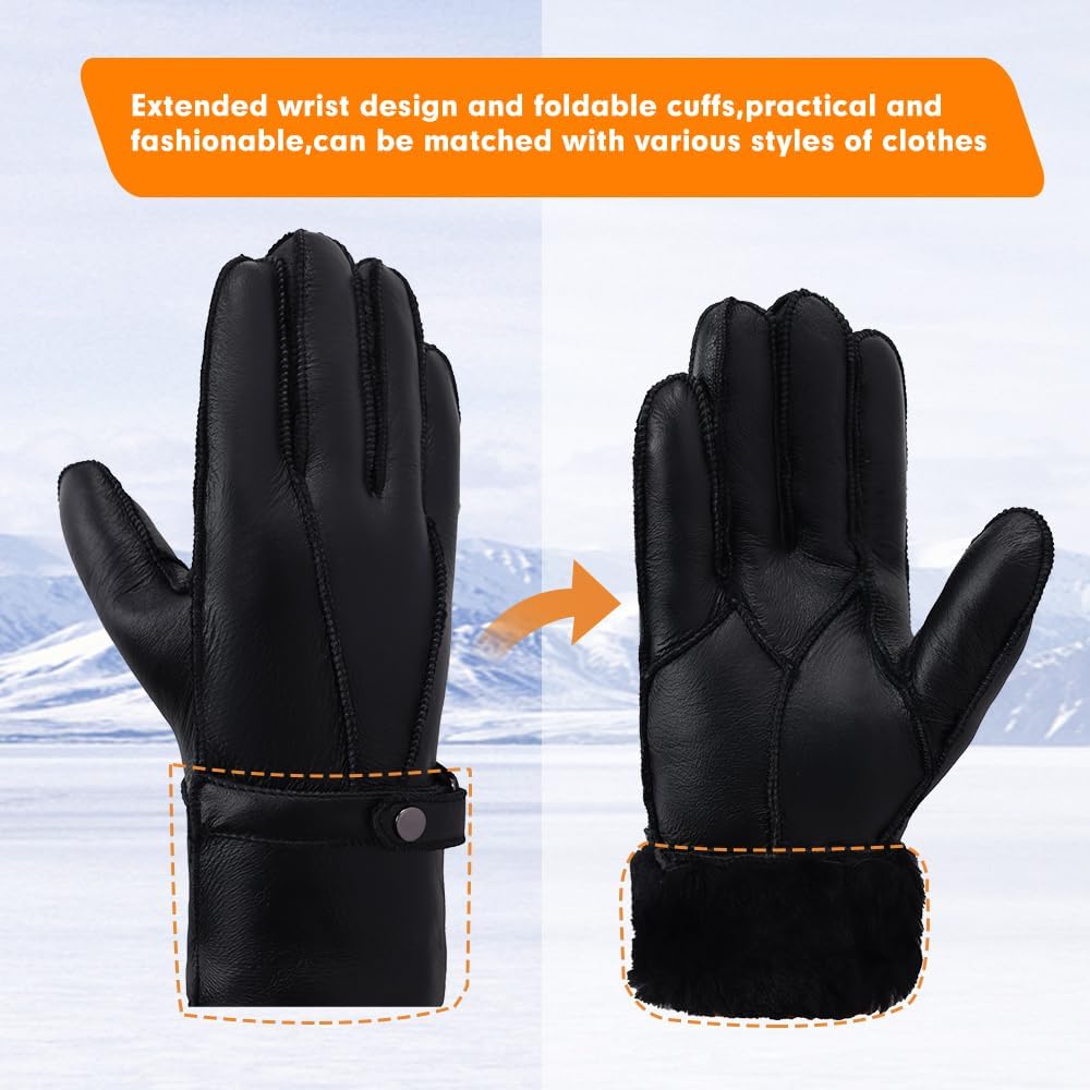 MGGMOKAY Men's Shearling Gloves Winter Sheepskin Shearling Leather Gloves Men Warm Fur Gloves - Image 6