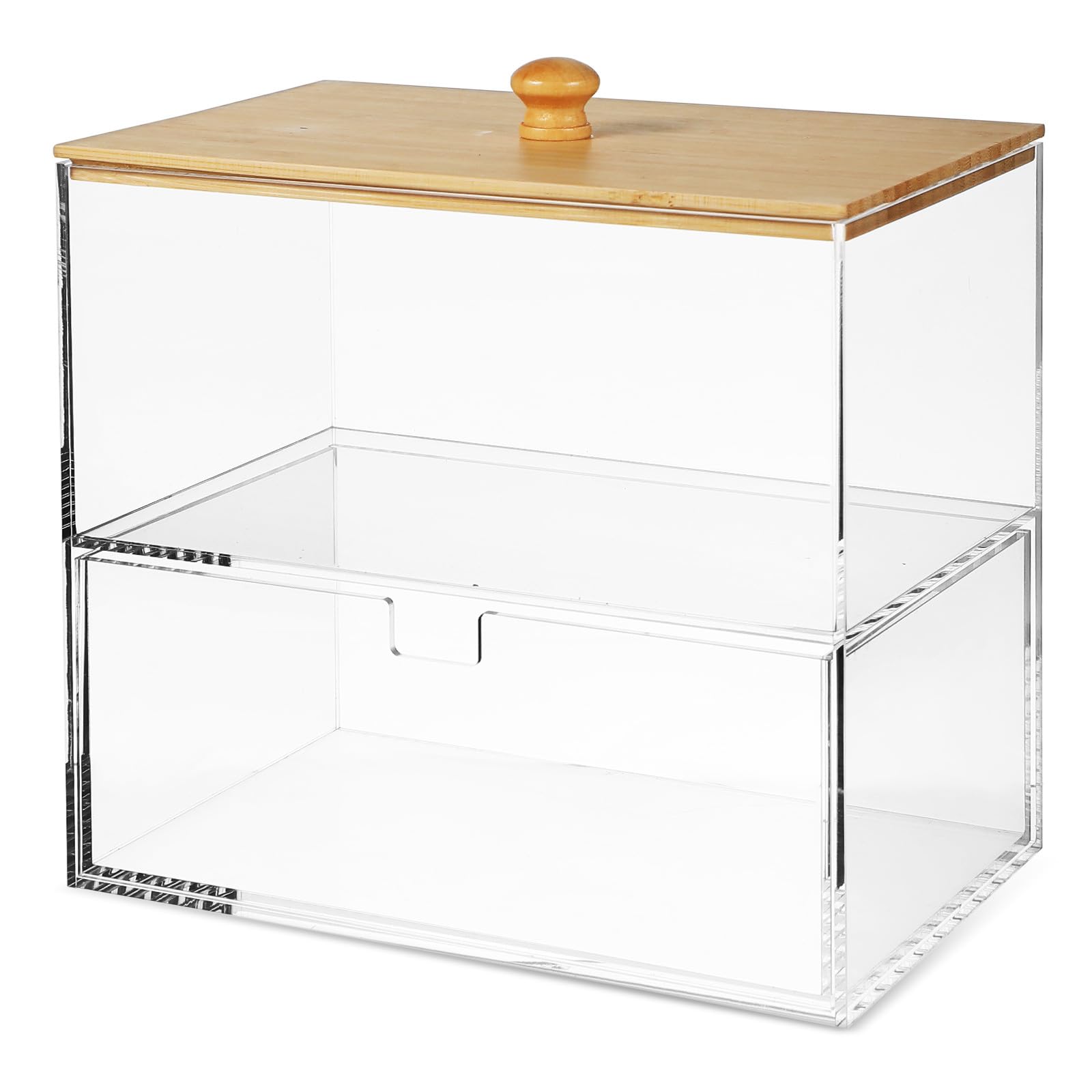 PATKAW Aufbewahrungsbox Verbesserte Effizienz für Waschmittelkapseln Doppeltes Fach mit Deckel aus Acryl und Bambus Kompakter Organizer für Waschküche