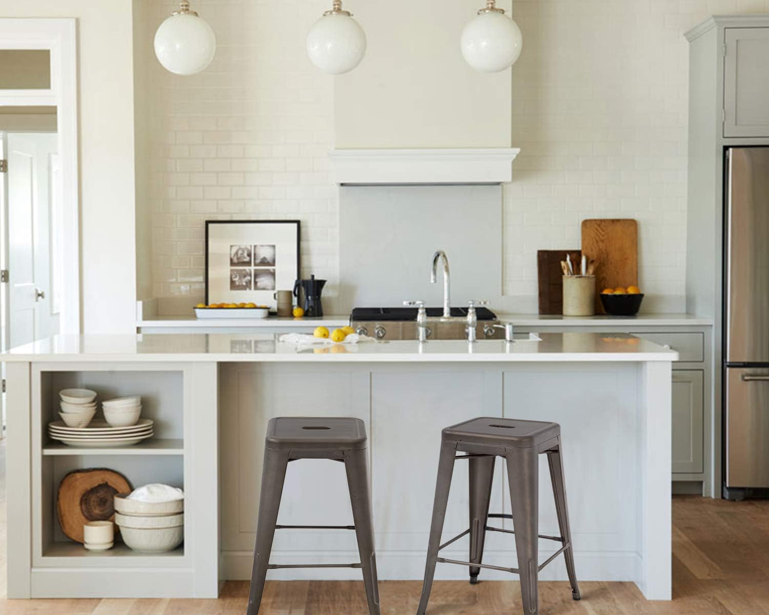 FDW Set of 4 Metal Bar Stools Counter Barstools Indoor Outdoor Stackable Modern Metal Bar Stools Kitchen Counter Stools Chairs (Brown)