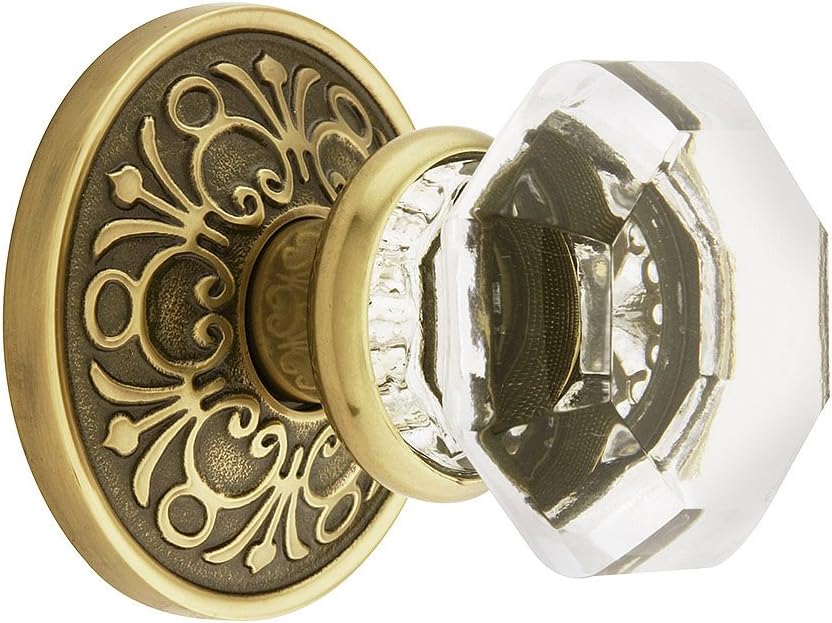 Lancaster Door Set with Old Town Crystal Knobs Double Dummy in Antique Brass