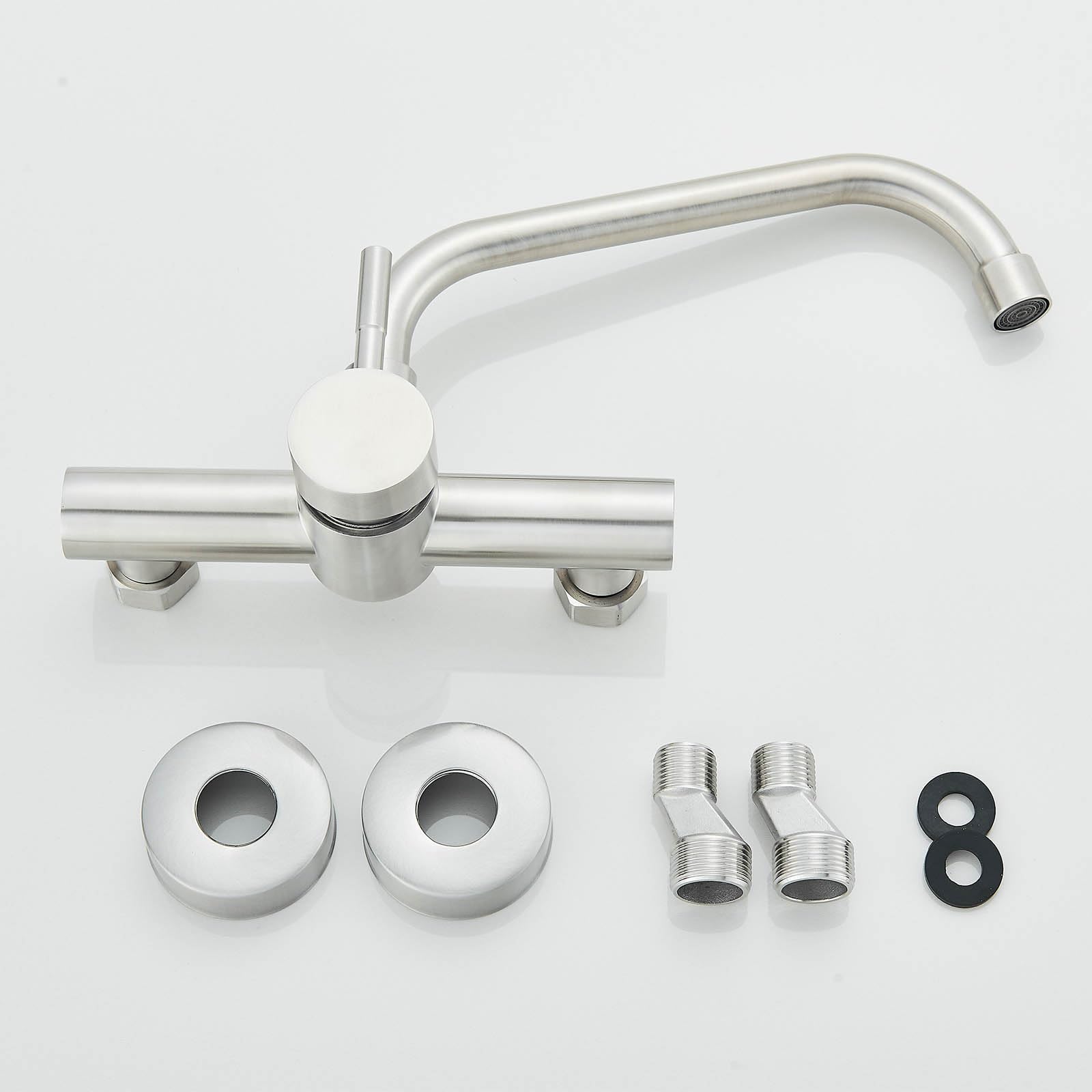 Grifo Cocina de Pared 15 cm Orificio de Montaje, Grifería de Mezclador Monomando de Acero Inoxidable 304, Grifería de Fregadero Rotación de 360​°, Agua Fría y Caliente, Plateado