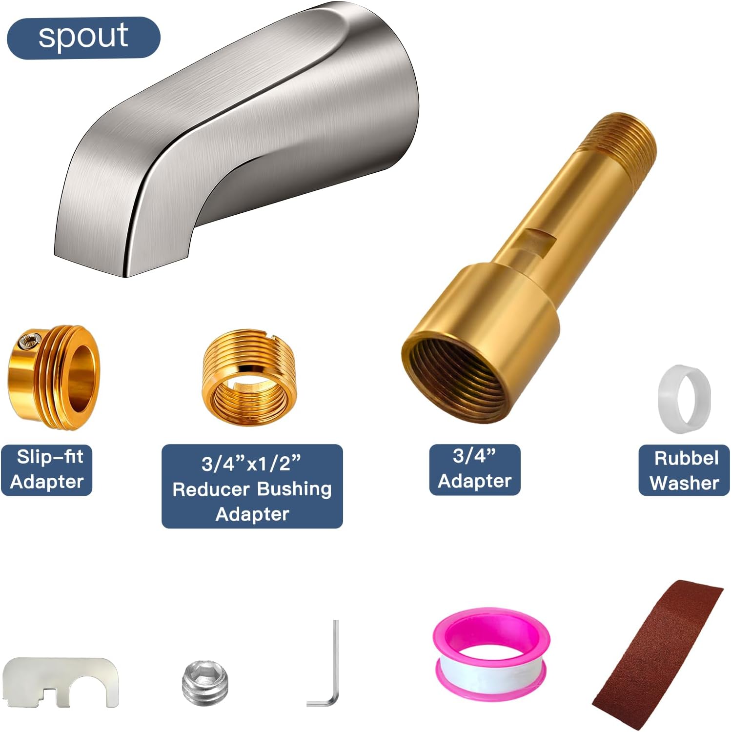 Brushed Nickel Bathtub Spout Without Diverter, All Metal,5.3 Inch Tub Spout, Fits 1/2" Copper Slip-On and 1/2" or 3/4" IPS Threaded Pipes, Leak-Free, Slip Fit Tub Spout Without Diverter