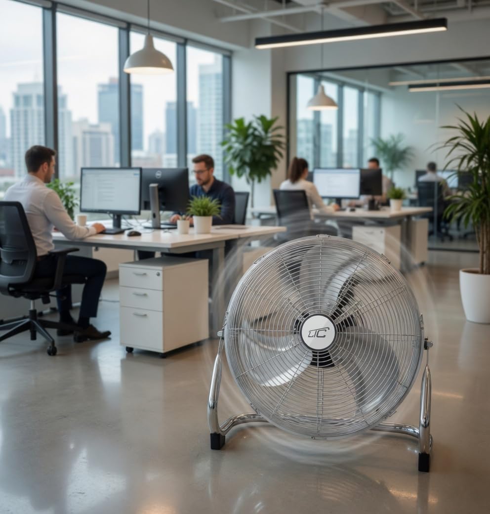 LTC Profi Windmaschine 45cm (18 Zoll) – Leistungsstarker Bodenventilator 120W, Hochgeschwindigkeits-Ventilator aus Metall, 3 Geschwindigkeitsstufen, Verstellbarer Neigungswinkel, Silber/Chrom