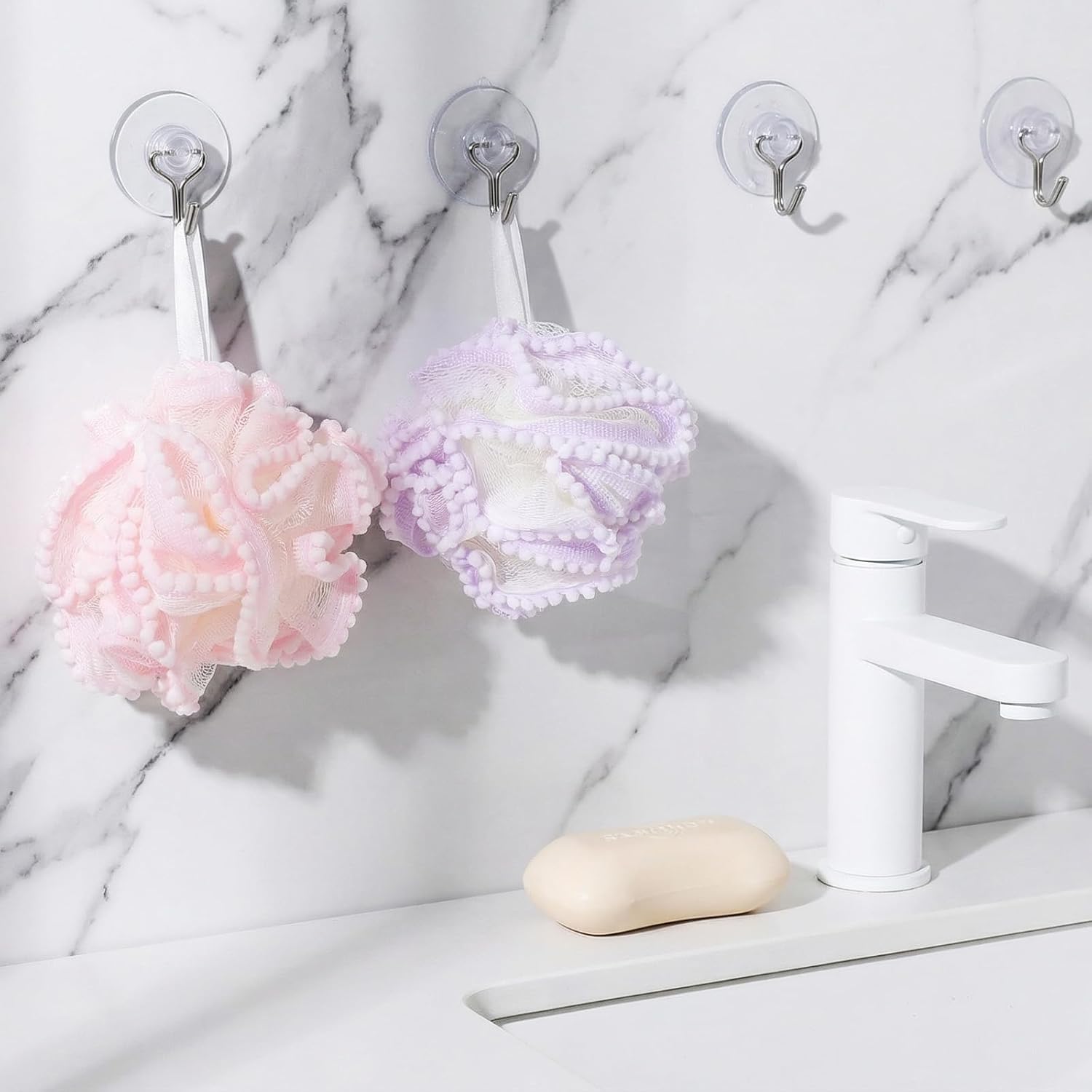 24 PCS Mini Loofah Travel Size, Body Sponge for Women Bulk Bath Pouf Hangable Nylon Mesh Shower Loofah Sponge Shower Poof Portable for Unisex, Gentle on Skin and Portable for Travel-4 Colors