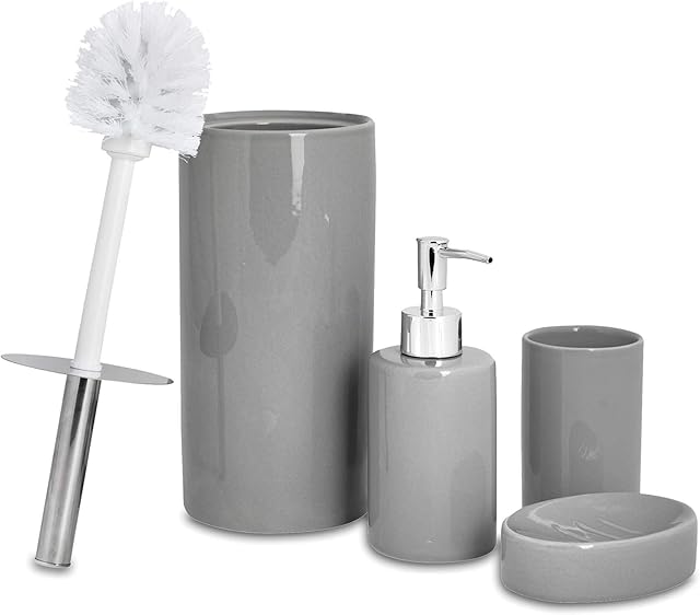 Harbour Housewares 4 Piece Bathroom Accessories Set - Soap Dispenser, Dish, Toothbrush Holder, Toilet Brush - Grey