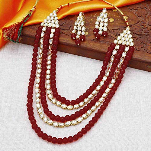 Image of Peora Kundan Faux Pearl Long Necklace & Jewelry Set Gift for Women