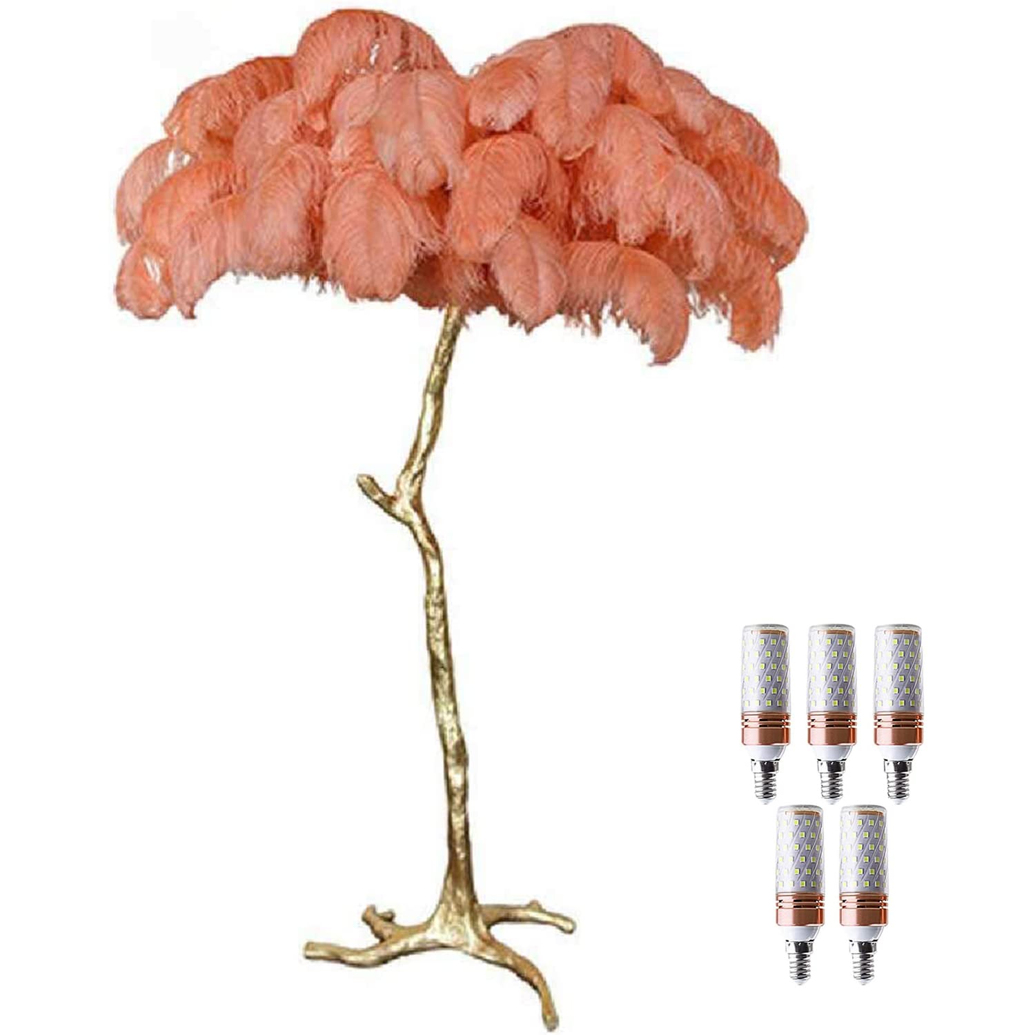 BAHOJAS LED Dimmable Floor Lamp With Natural Ostrich Feathers - Modern Luxury Resin Standing Lamp For Living Room, Home & Office Decoration