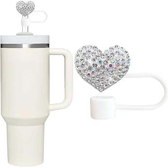 Bling Hearts Straw Cover Cap for Stanley Cup Bling Diamond Rhinestone 10mm Silicone Toppers Straw Attachment Compatible with Stanley 30 and 1.2L Straws with Handle Reusable